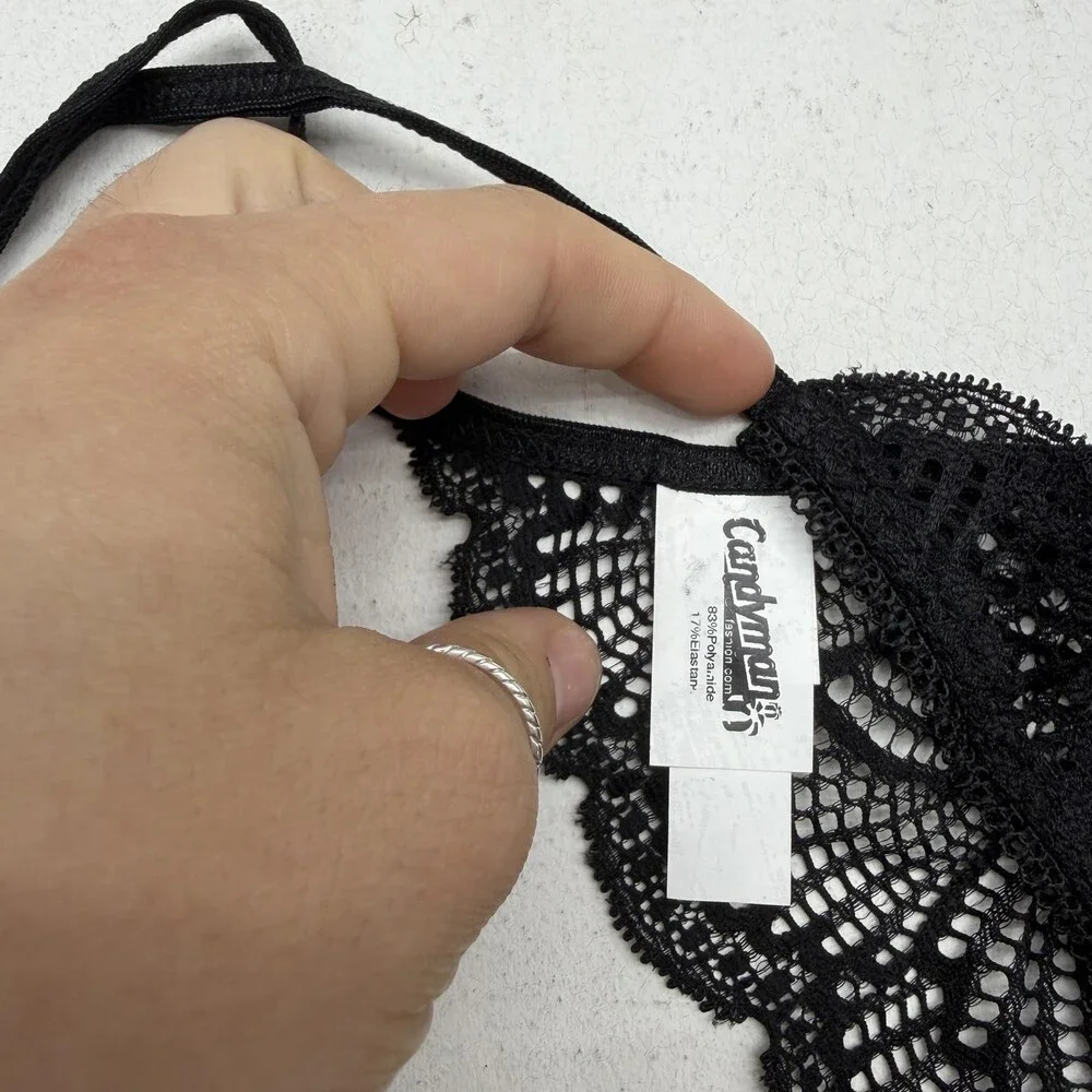 Candyman Thong Underwear Mens Medium Black Sheer Lace Heart Floral Stretch 99579